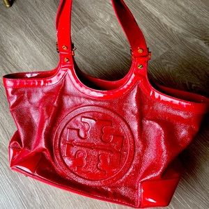 Tory Burch red patent leather tote